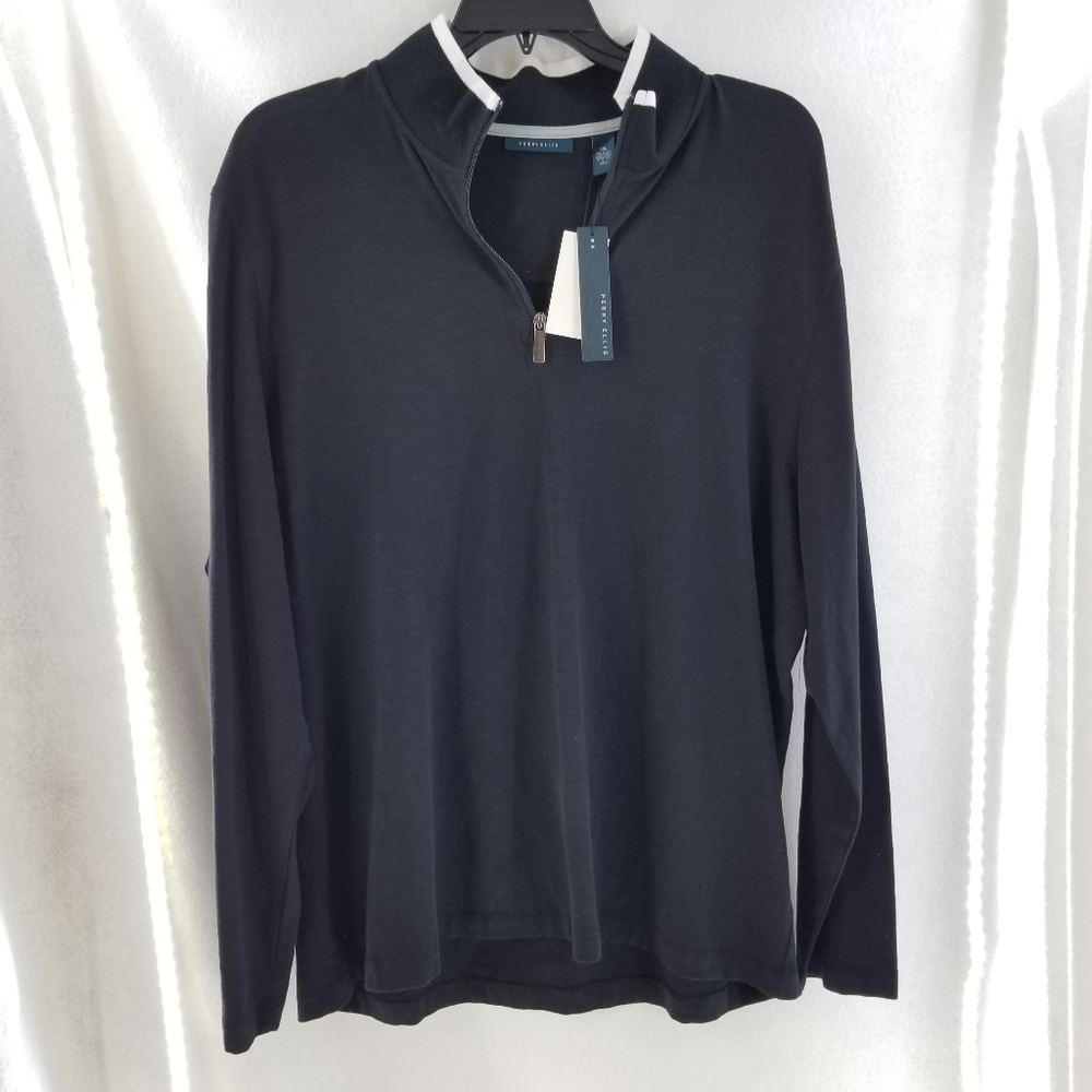 PERRY ELLIS Black Long Sleeve Partial Zip Sweater